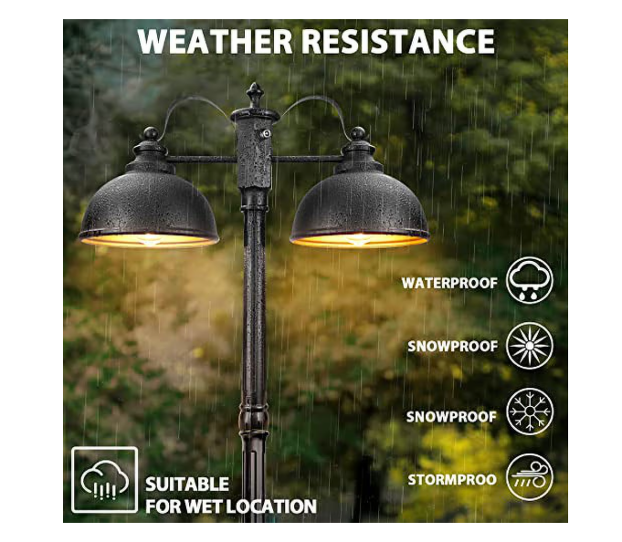 (New Open Box)  APOTO Double-Head Outdoor Lamp Post Light | Dusk to Dawn • GFCI Outlet • Black Aluminum