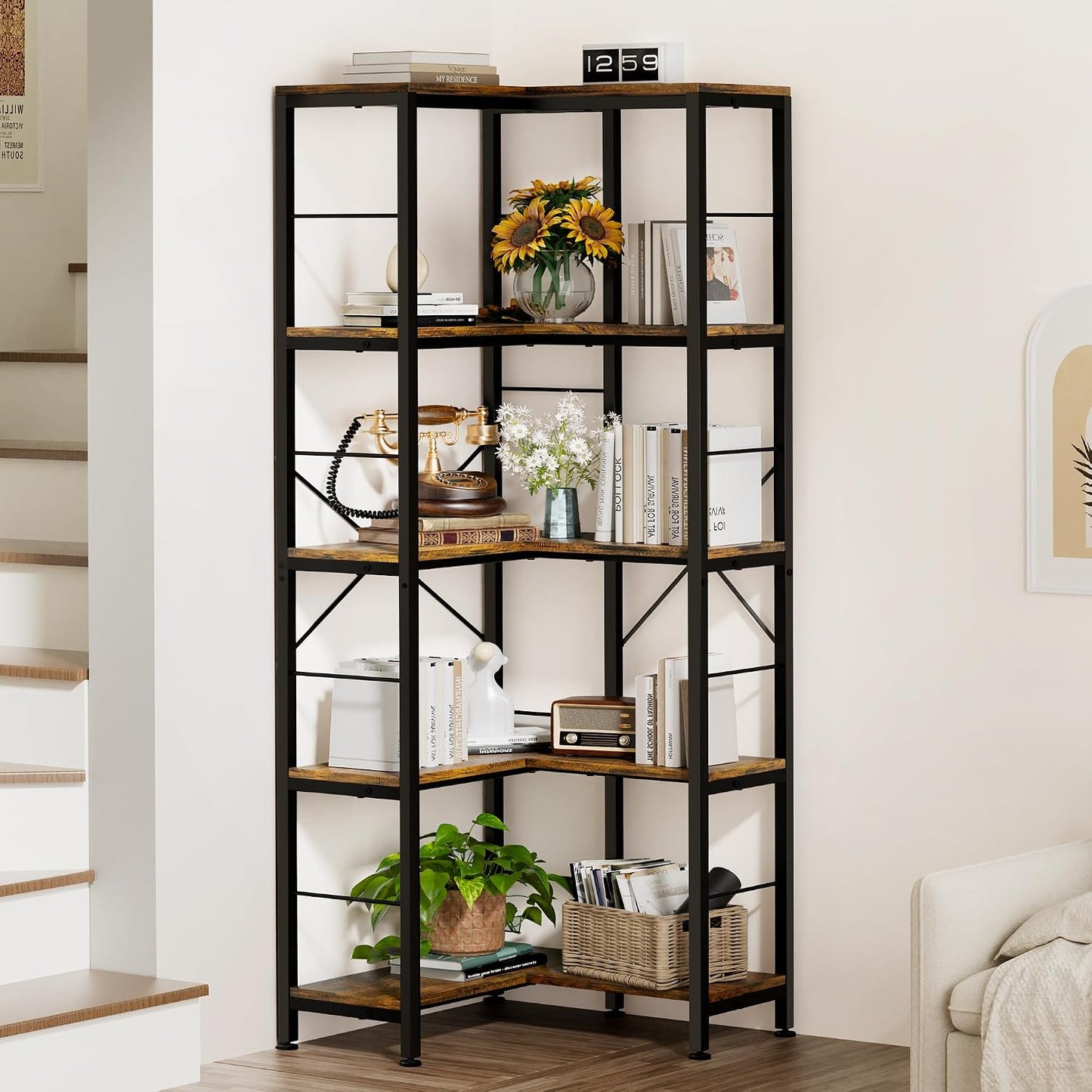 (New Open Box) Gujiam 5-Tier Corner Bookshelf, 70.86" Tall Corner Bookcase,5-Shelf Industrial L-Shaped Coner Shelf with Metal Frame for Home Office,Living Room,Bed Room(Rustic Brown)
