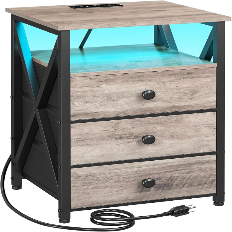 (New Open Box) AMHANCIBLE LED Nightstand, End Side Table with Charging Station, Bedside Table, HET053LGY-1