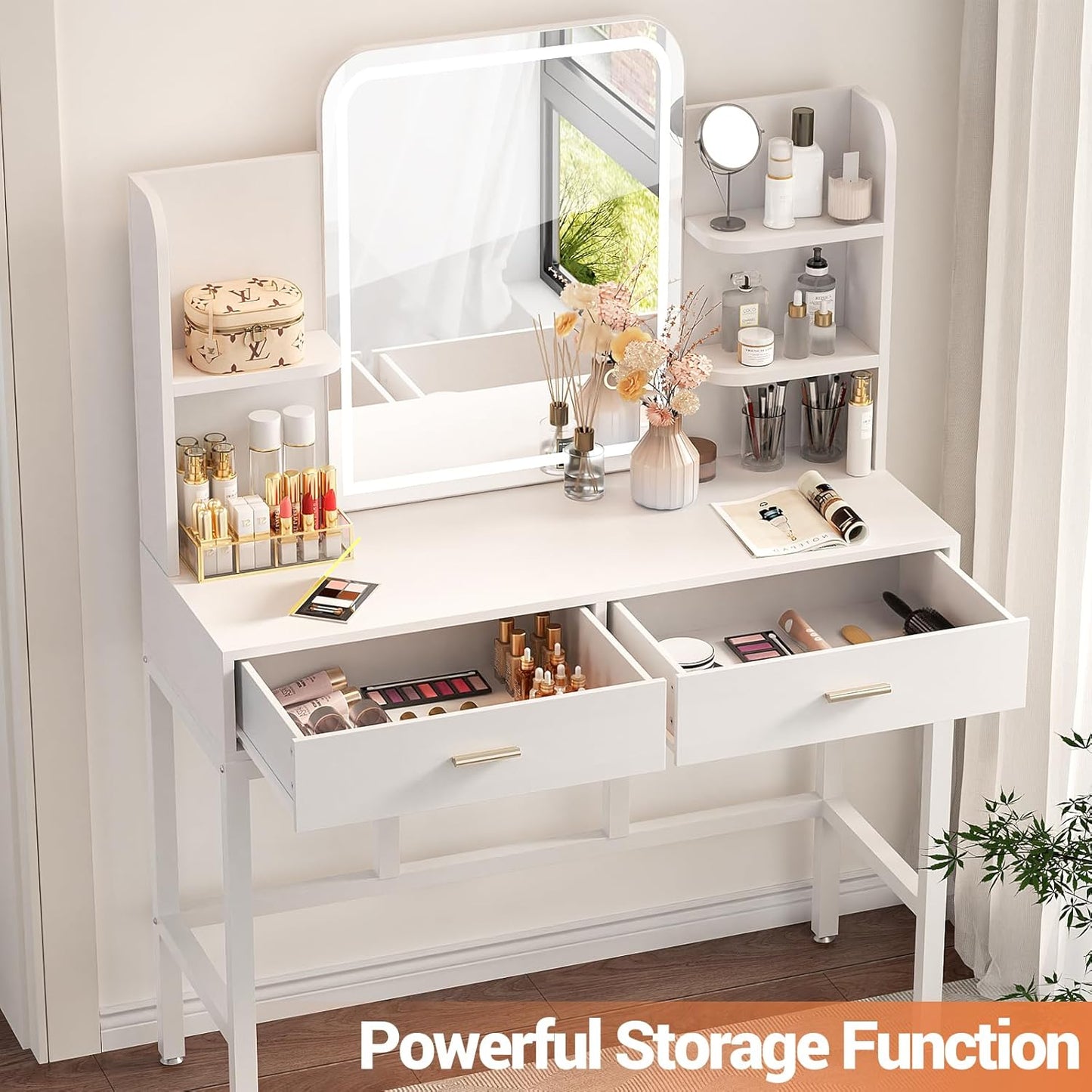 (New Open Box) Cyclysio Vanity Desk, Makeup Vanity Desk with Mirrors, Vanity Set with 2 Storage Drawers and Open Shelves, 3 Colors LED Brightness Adjustable Dressing Table, Makeup Desk for Girls and Women, White
