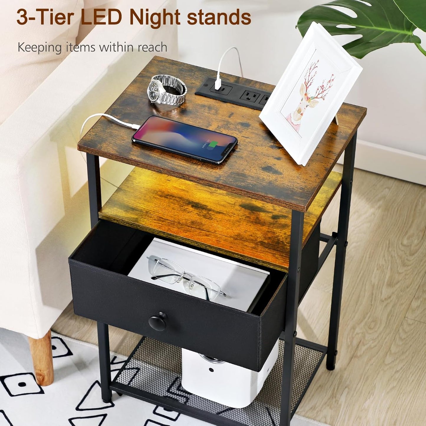 (New Open Box) LOAKEKEL Nightstands Set of 2 with Charging Station, LED Night Stands, HETS01BR (DS0052)