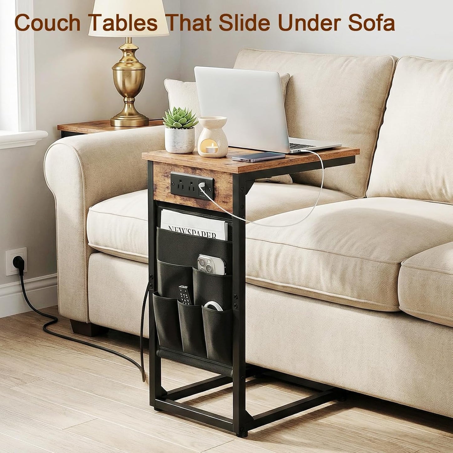 (New Open Box) AMHANCIBLE Couch Table, C Shaped End Table with Charging Station, TV Tray, Side Table with Storage for Couch, Sofa Table for Living Room HET04CBR-1