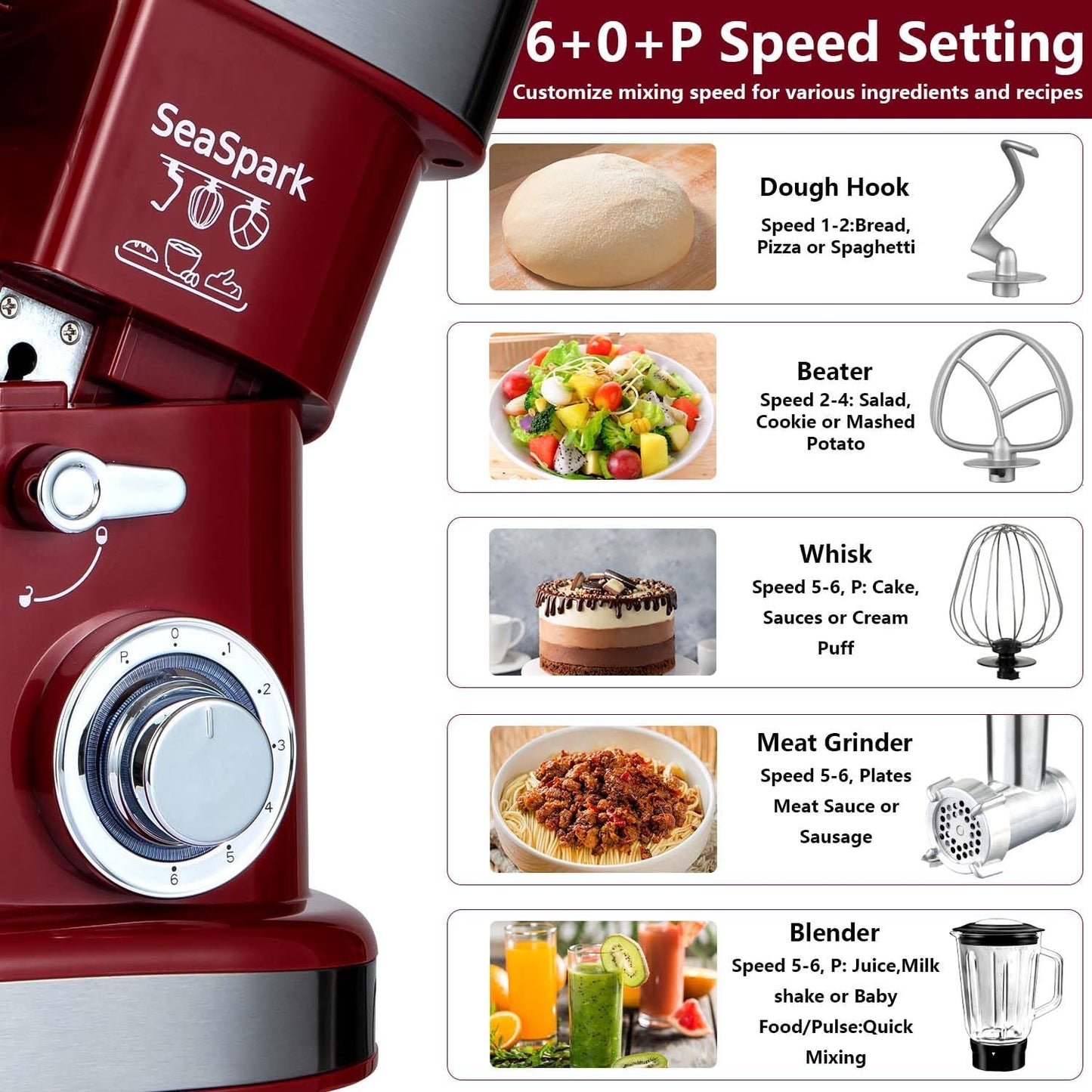 SeaSpark SC-213C Multifunctional Stand Mixer 6.3Qt 6-Speed Tilt-head, Electric Kitchen Mixer with Stainless Steel Bowl,Meat Grinder, Juice Blender