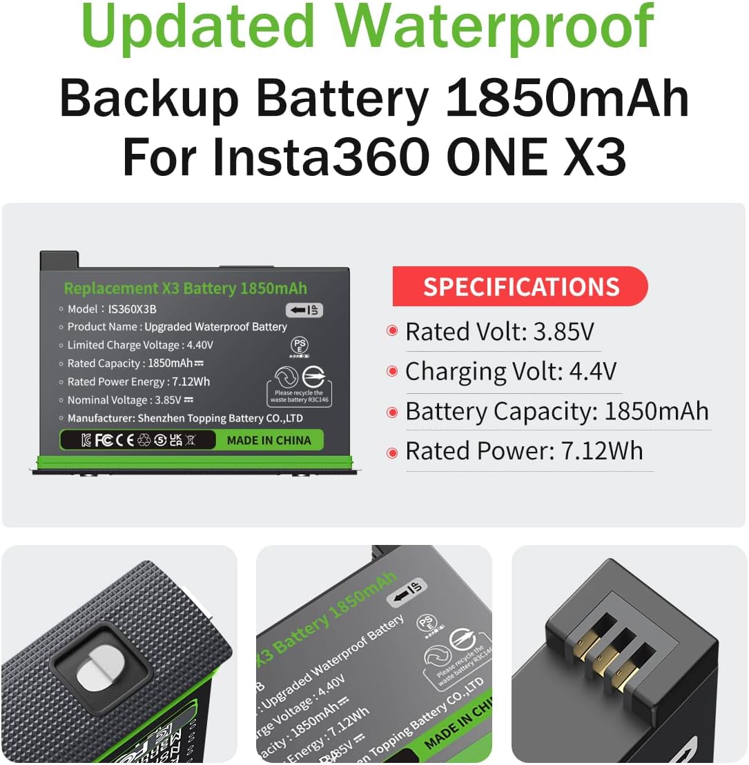 (Excellent) 2 Packs 360 X3 Batteries with Charger Hub for Insta 360 ONE X3 Battery 1800mAh