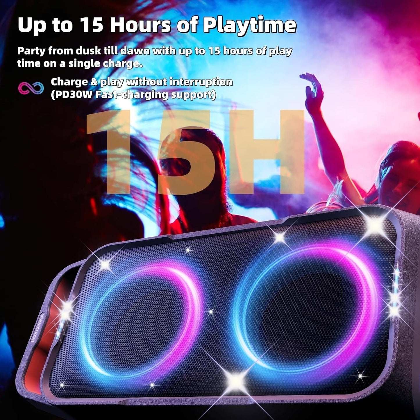(New Open Box)  Foxdawn Portable Bluetooth Speaker – 240W Peak – Deep Bass – LED Light Show
