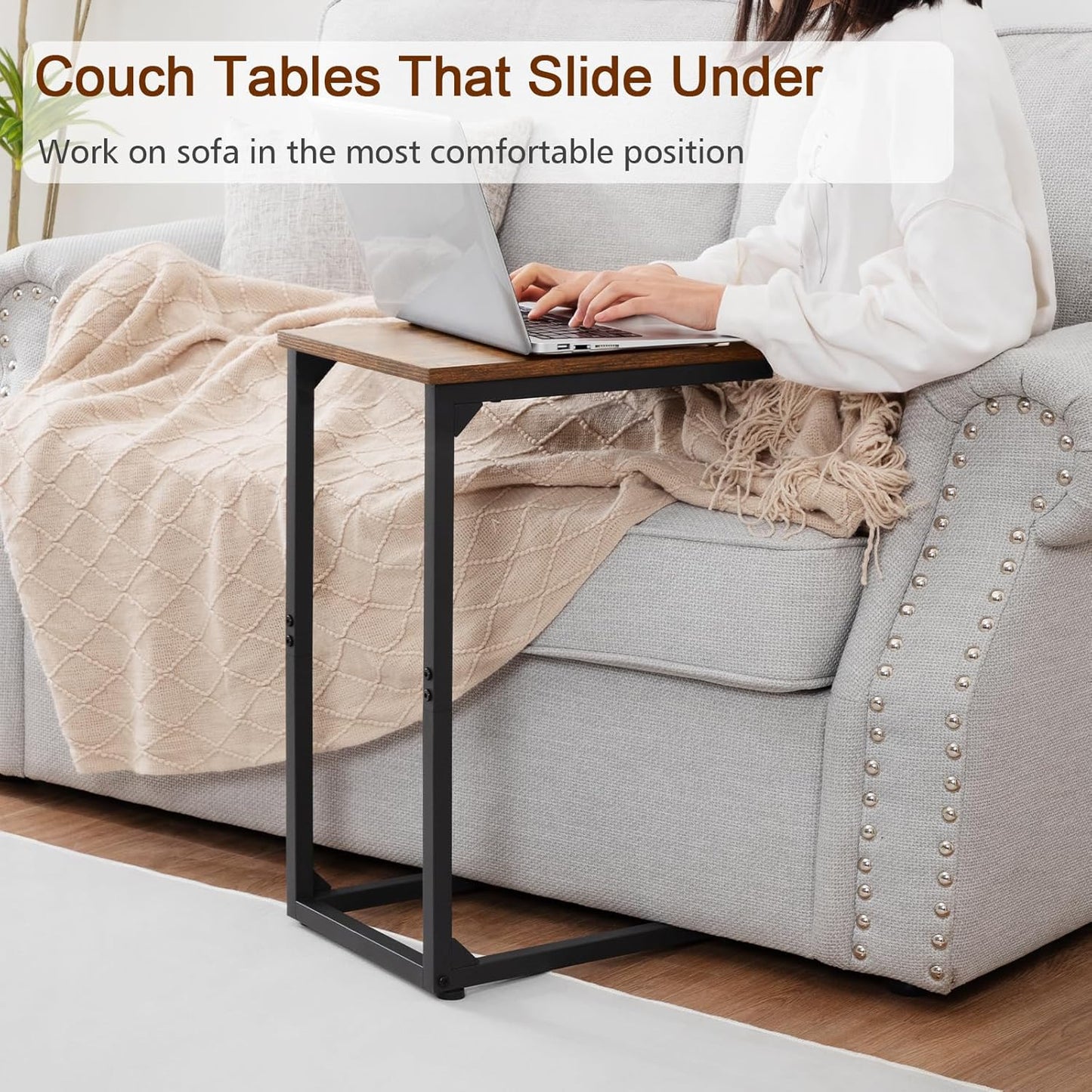 (New Open Box) AMHANCIBLE C-Shaped End Table, Sturdy and Stable C Shaped Side Table for Couch, 23.2" High, Slide Under Couch Table for Sofa, Living Room, Bedroom, Small Space, Rustic Brown HET02CBR-1