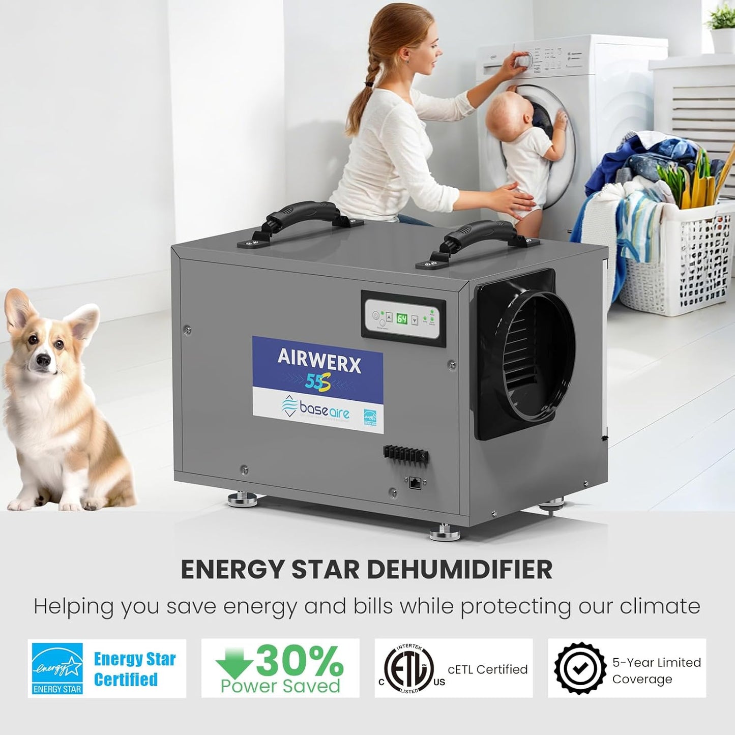 (New Open Box) BaseAire Crawlspace/Basement Dehumidifier, 120 Pints Commercial Dehumidifiers with Drain Hose, Intelligent Humidity Control, Auto Defrost,Energy Star, Portable, AirWerx55