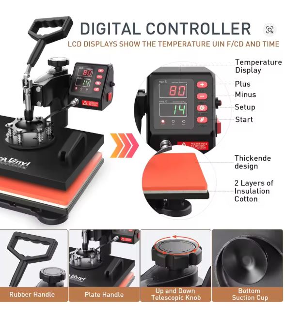 (New Open Box) Heat Press, Lya Vinyl 5 in 1 Heat Press Machine - 12 x 15 inch Combo Swing Away T-Shirt Sublimation