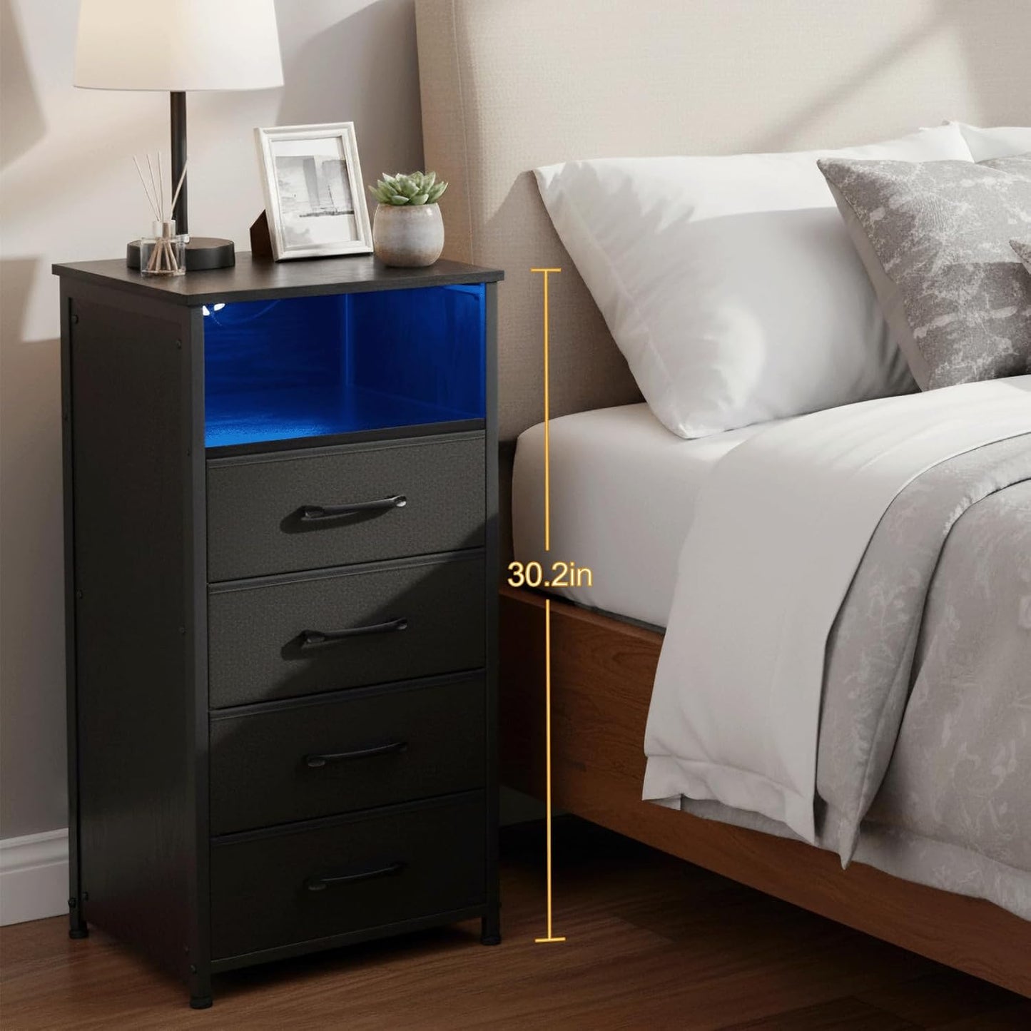 (New Open Box) LOAKEKEL Night Stand Set 2, Tall Nightstand with Charging Station for Bedroom with 4 Drawers, LED End Tables with USB Ports and Outlets, Bedside Table with Storage Shelf, Black, HNS034BK