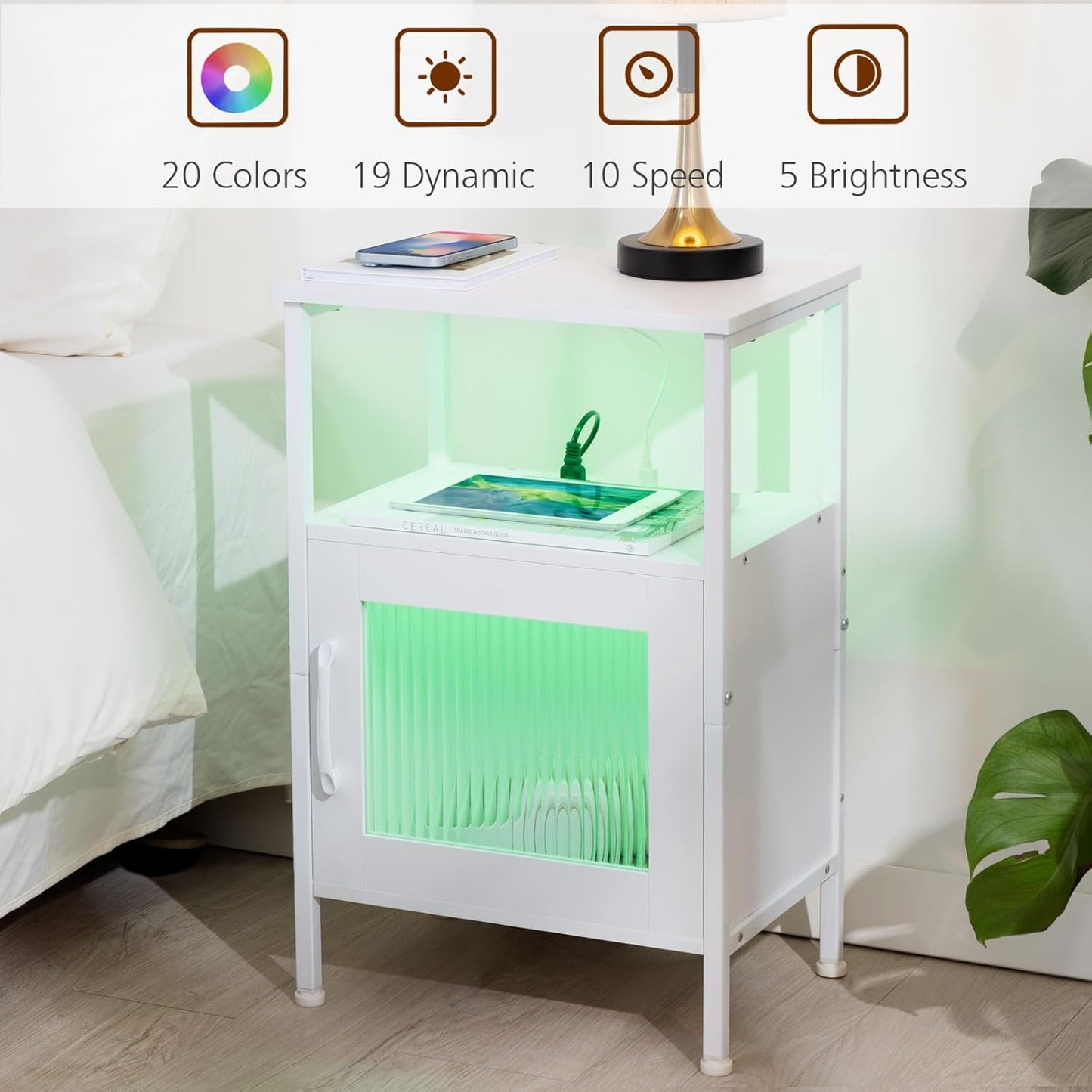 (New Open Box) LOAKEKEL Night Stand, LED Nightstand with Charging Station, Small End Table with Glass Door and Storage Shelf, Modern Side Table with USB Ports & Outlets, Bedside Table for Bedroom, White, HNS06WT-1