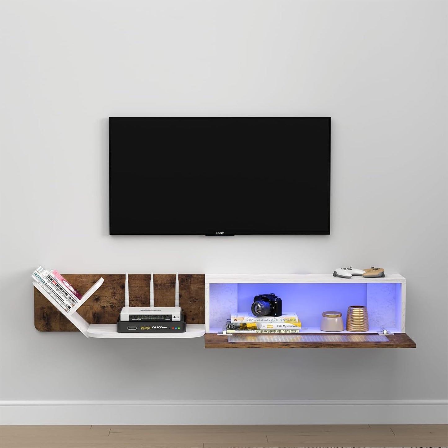 (New Open Box) Pmnianhua Rustic Floating TV Stand with LED Lights,59'' Wall Mounted TV Cosole,Under TV Shelf,Floating Entertainment Center with Glass Door and Storage for Projector,Bedroom Playroom