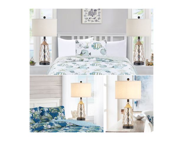 (Brand New) 25-in Baby Blue LED Touch Table Lamp Set of 2 | Linen Shade | TD-203