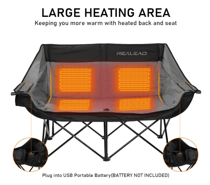 (Excellent) REALEAD Double Heated Camping Chair, 3 Heat Levels and 4 Heating Zones, Portable Heated Loveseat for Outdoor Sports, 650lb, Heated Folding Chairs for Outdoor,