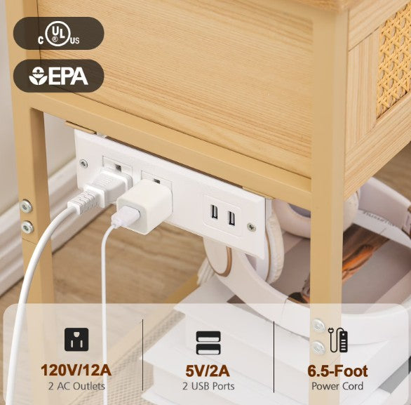 (New Open Box) 🌿🛏️ AMHANCIBLE Rattan Nightstand with Charging Station | HETRDP01BG🔌⚡