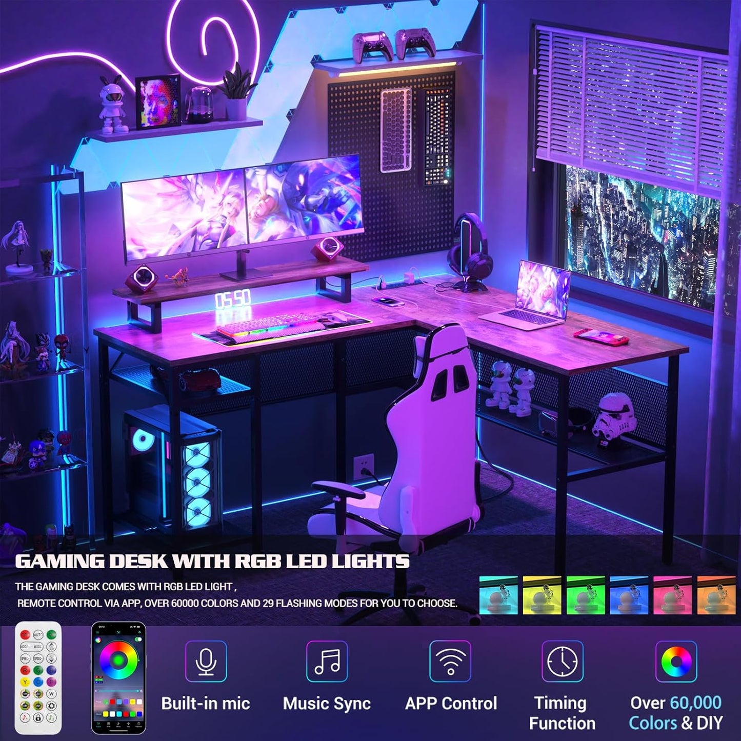 (New Open Box) Cyclysio L Shaped Gaming Desk with LED Lights, 55'' Computer Desk with Power Outlet, Reversible Corner Desk with Open Storage Shelves, Office Desk with Monitor Stand, Home Office, Workstation, Rustic