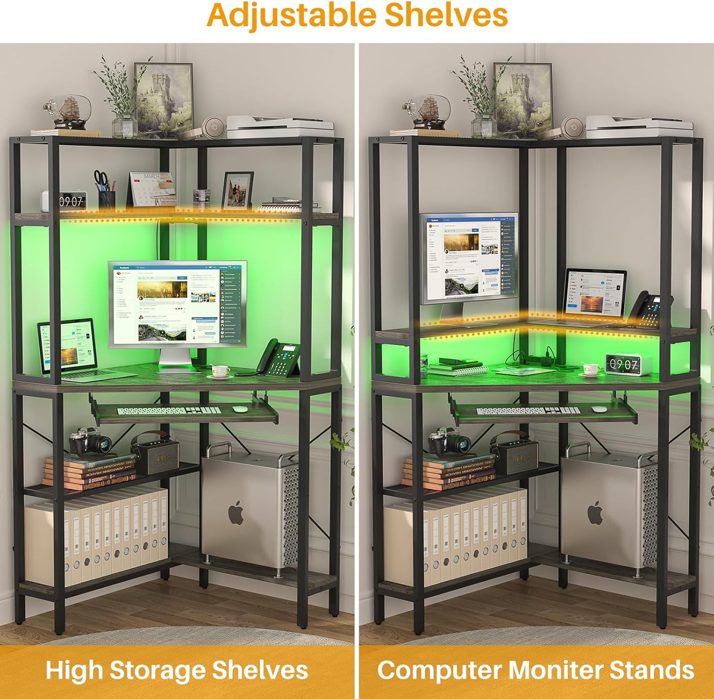 (New Open Box) Cyclysio Small Corner Desk with Hutch, Corner Gaming Desk with LED Light & Power Outlets, Computer Desk with Keyboard Tray, Triangel Desk for Small Space, Home Office, Workstation, Grey