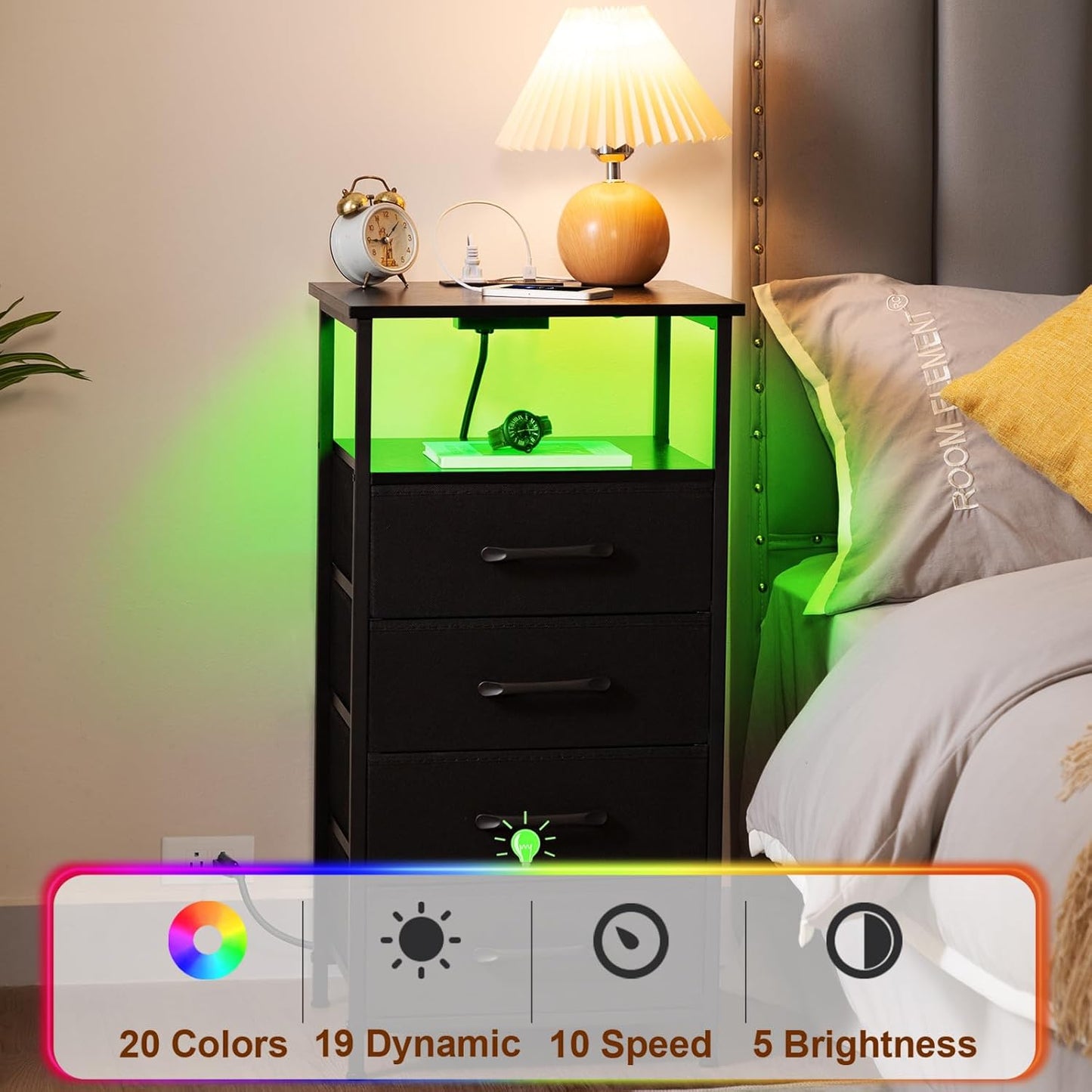 (New Open Box) LOAKEKEL Night Stand Set 2, LED Nightstand with Charging Station, HNS014BK (DS0061)