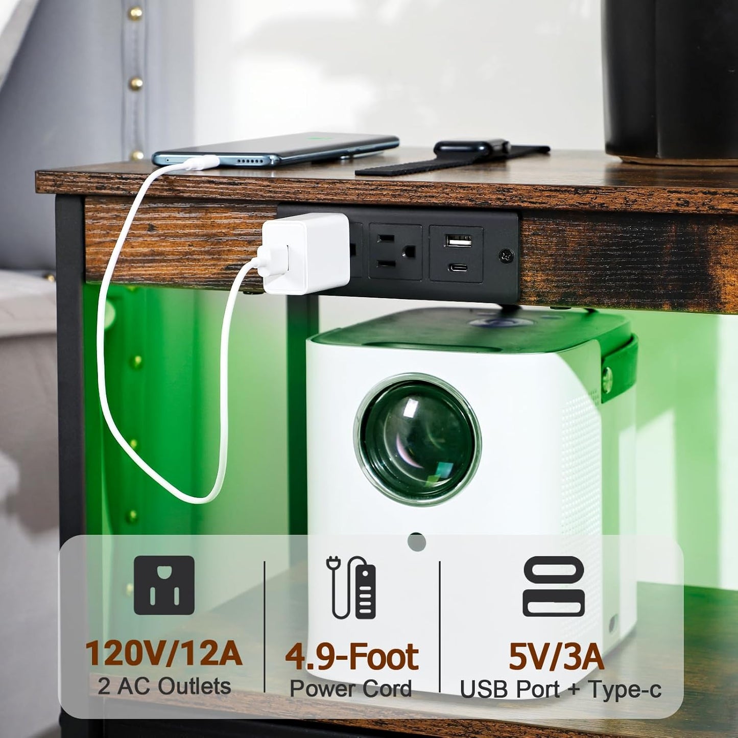 (New Open Box) LOAKEKEL End Table with 2 Drawers, Side Table with Storage Shelf, Nightstand with USB Ports and Outlets, Metal Frame, for Bedroom, Living Room,Rustic Brown HNS122BR-1