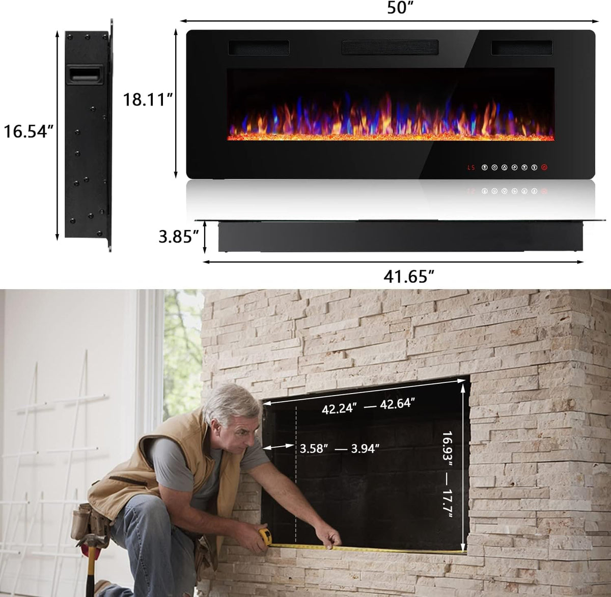 (New Open Box) Vitesse 50" Ultra-Thin Electric Fireplace – Recessed/Wall Mounted – 1500W
