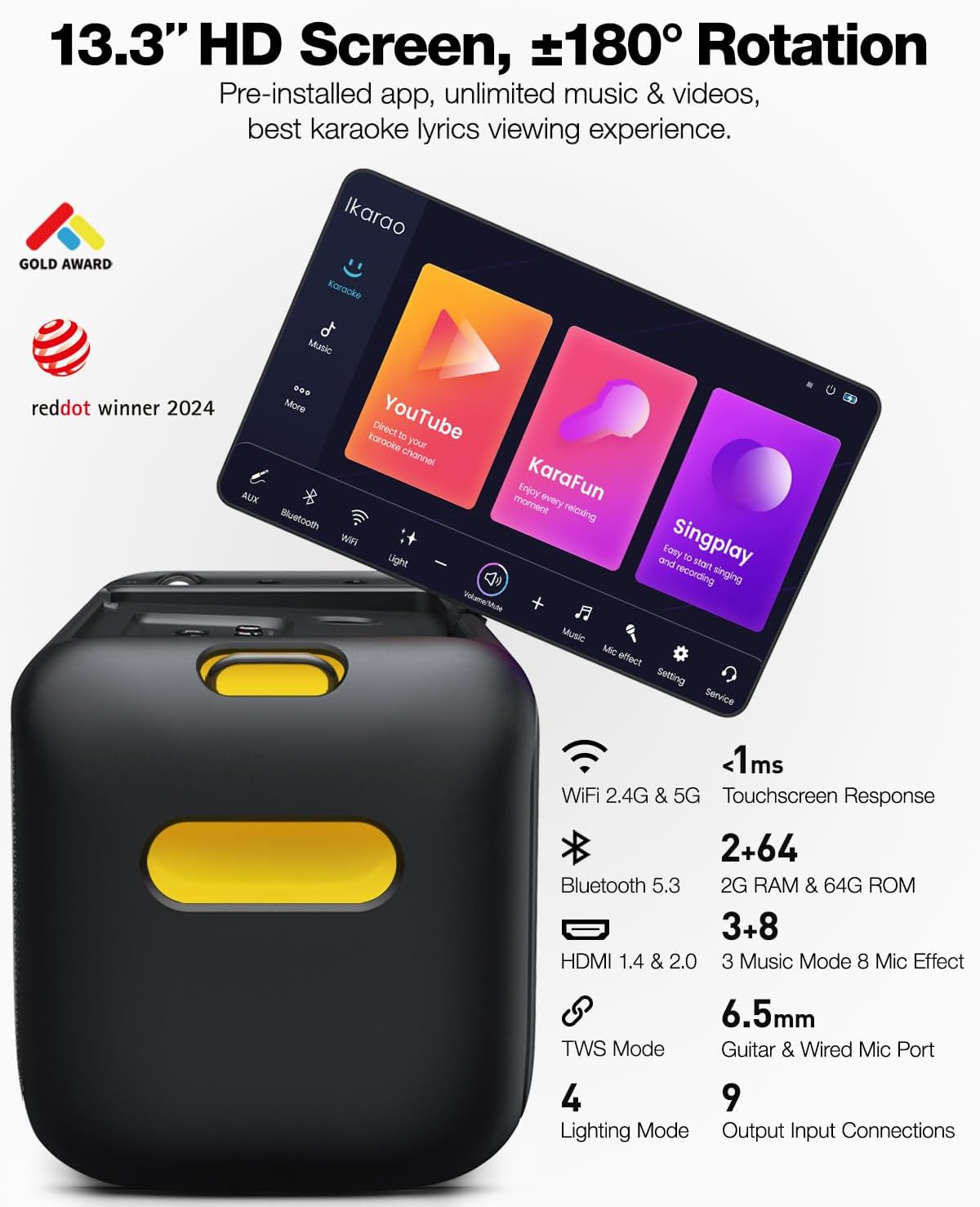 (New Open Box) Ikarao Break X1 Karaoke Machine for Adults with Lyrics Display & 32GB Tablet, 2 Wireless Microphones, 300W Peak PA System & Bluetooth Speaker, 4 DJ Lights, Portable Karaoke Speaker with Mic for Home Party/Outdoor