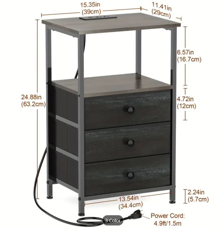 (New Open Box) TZWAKED End Table with Charging Station, 3-Drawer Bedside Table with (TNS013-1BK)