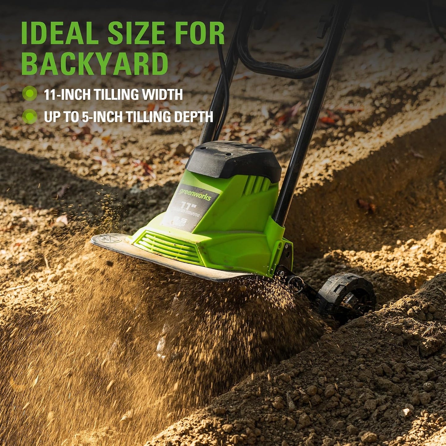 (New Open Box) Greenworks 8.5 Amp Electric Tiller | 11” • Adjustable Width & Depth • Folding Handle