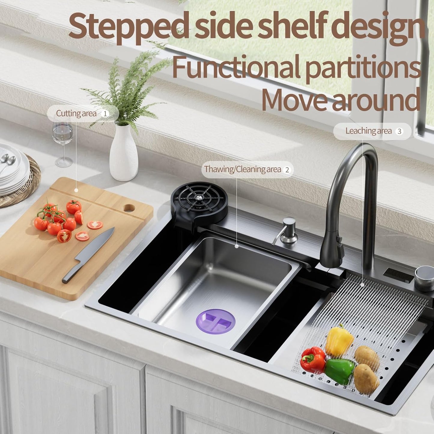 (New Open Box) Muiceon Black-Grey Nano Kitchen Sink with Waterfall 33x19x9 Inch
