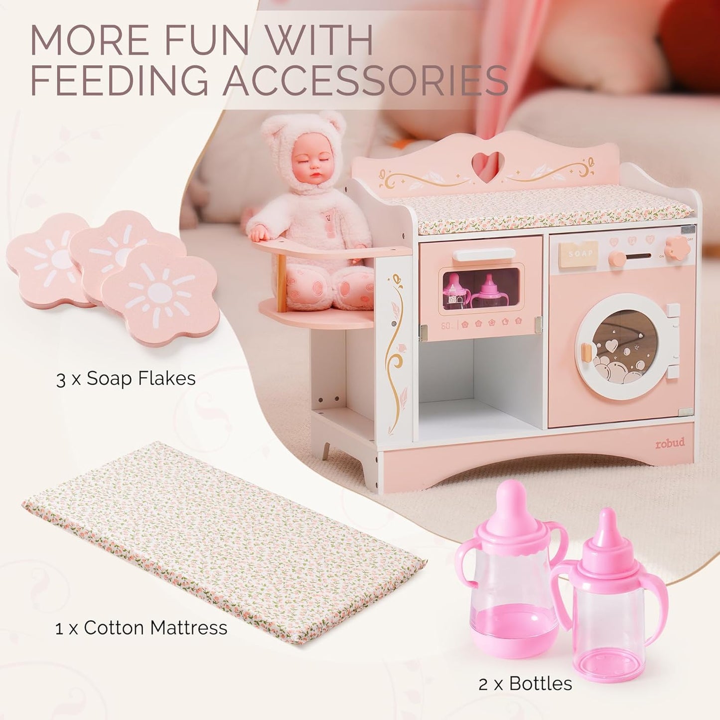 (New Open Box) ROBUD Baby Doll Crib, Pink Baby Doll Beds, Wooden Doll Changing Station