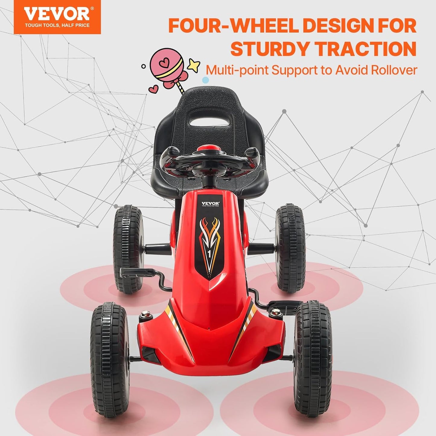 (New Open Box) VEVOR Kids Pedal Go Kart, 4 Wheel Off-Road Pedal Go Cart Ride On Toy for Kids, Steering Wheel, Adjustable Seat, Non-Slip Big Wheels, Outdoor Racer Ride On Pedal