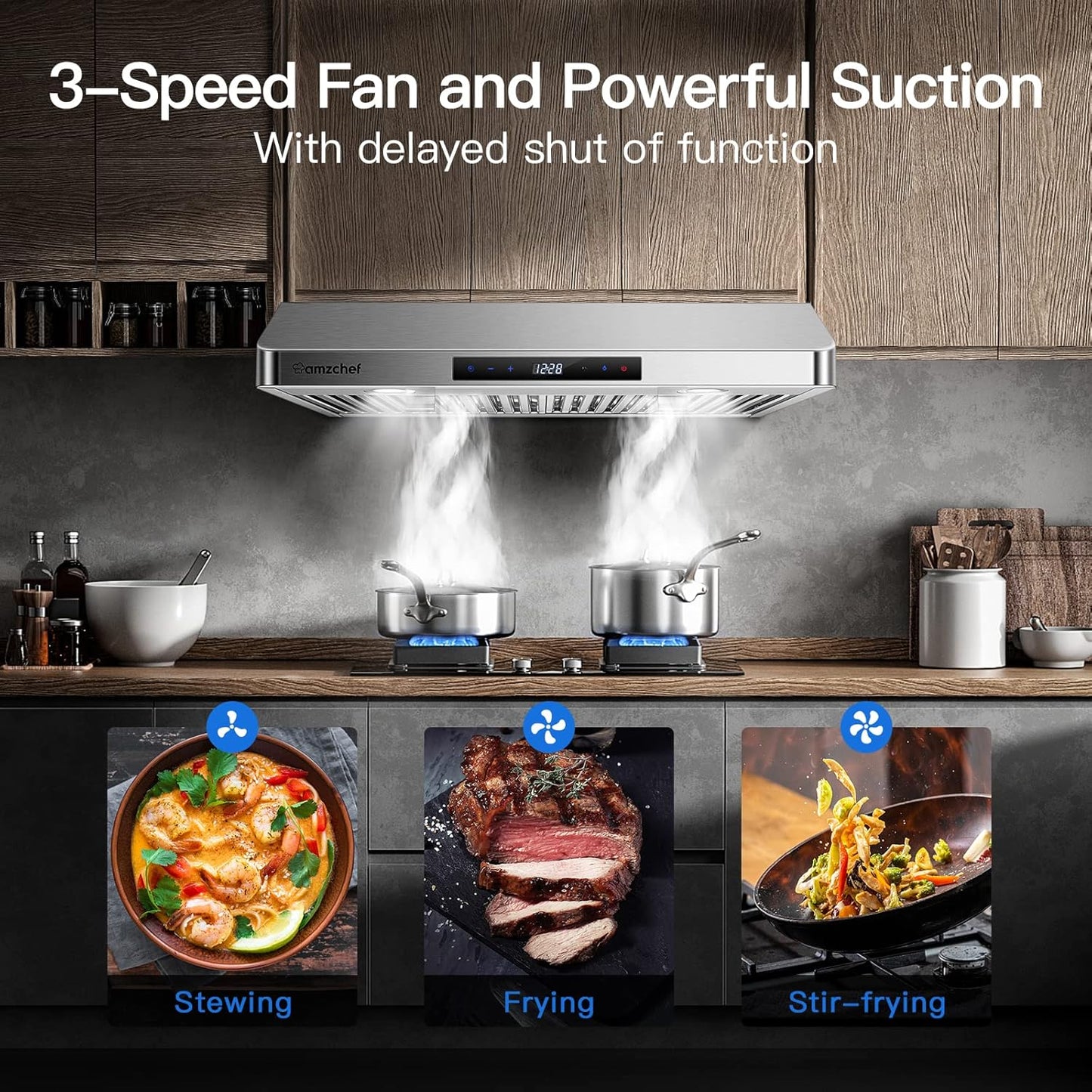 (New Open Box) AMZCHEF (LF0176C1) Under Cabinet Range Hood 30 Inch, 700CFM Stainless Steel Kitchen Stove Vent Hood 3 Speed Exhaust Fan Touch/Remote Control LED lights Time Setting Dishwasher-Safe Baffle Filters