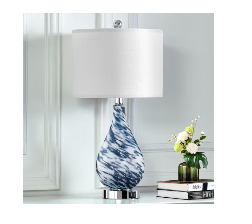 (Brand New) 24-in Blue Glass LED Touch Table Lamp | Linen Shade | TD-136