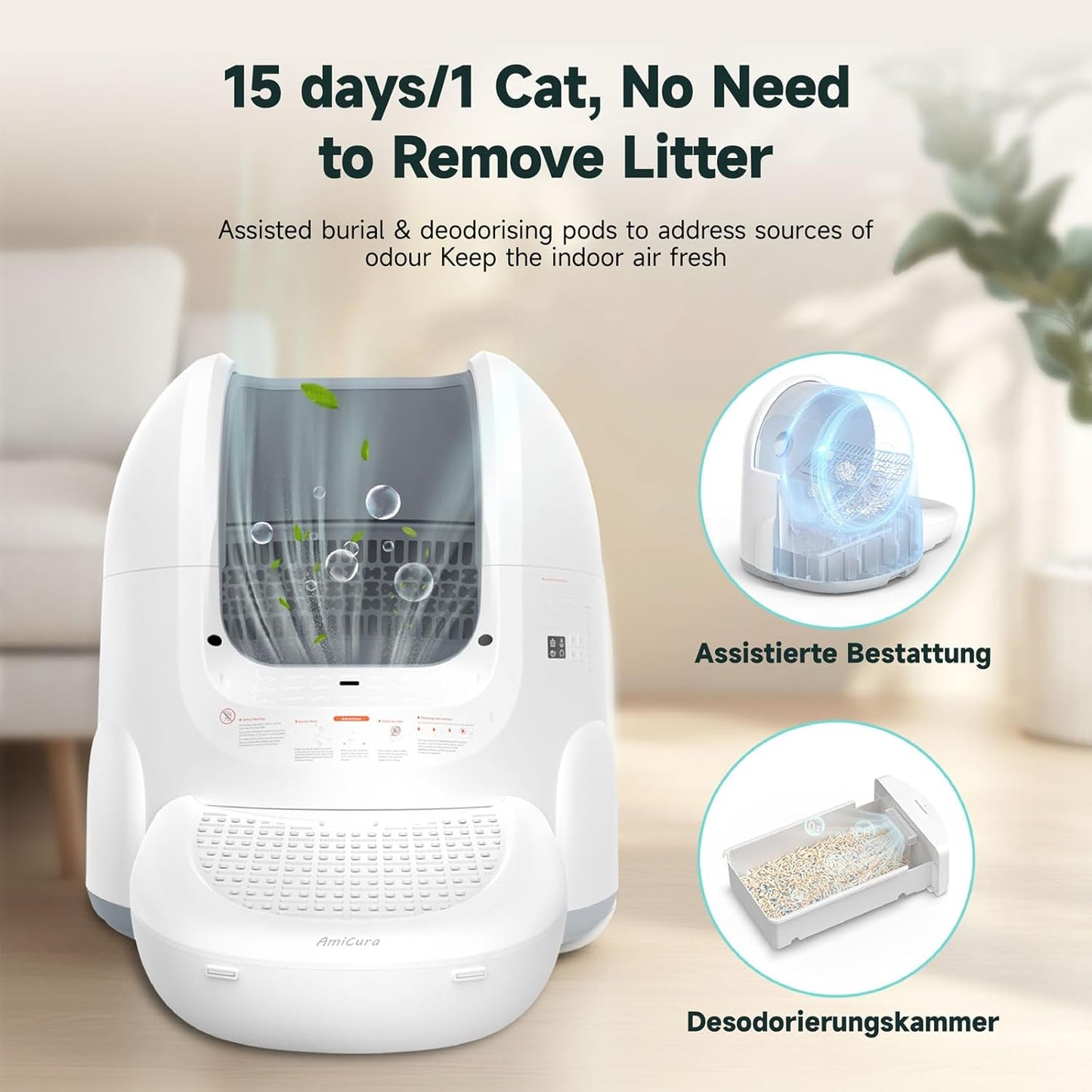 (New Open Box) Amicura Automatic Cat Litter Box, Self Cleaning, 360-Degree Detection Smart Anti-Pinch