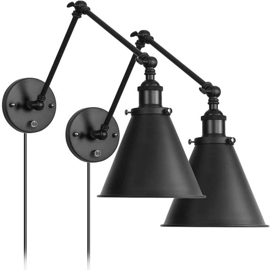 Industrial Wall Lamp Light Black Paint Finish Plug in Adjustable Arms with On/Off Switch for Bedroom Wall Sconce Fixture Metal Plug-in Wall Lamp (2-Lights)