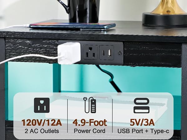 (New Open Box) LOAKEKEL End Table with 3 Drawers, Side Table with Storage Shelf, with USB Ports (HNS123DG-1)