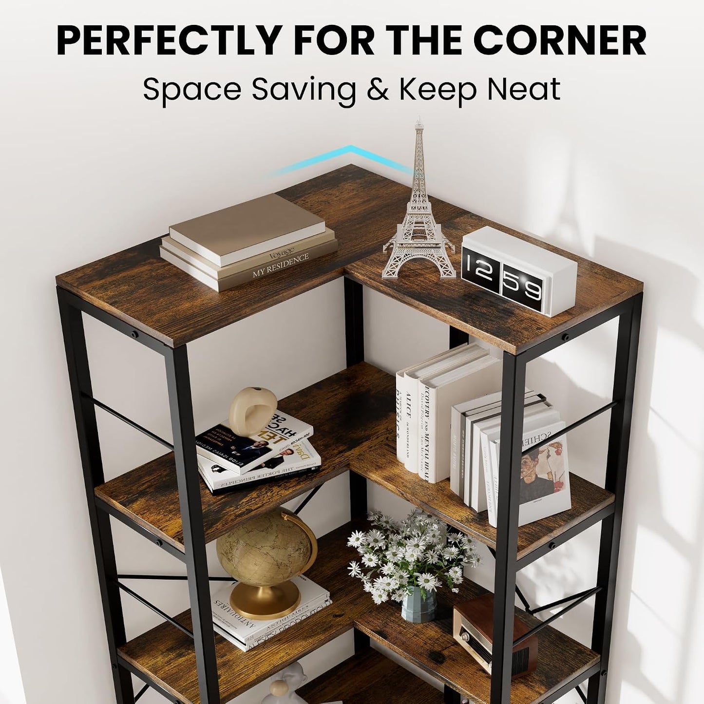 (New Open Box) Gujiam 5-Tier Corner Bookshelf, 70.86" Tall Corner Bookcase,5-Shelf Industrial L-Shaped Coner Shelf with Metal Frame for Home Office,Living Room,Bed Room(Rustic Brown)