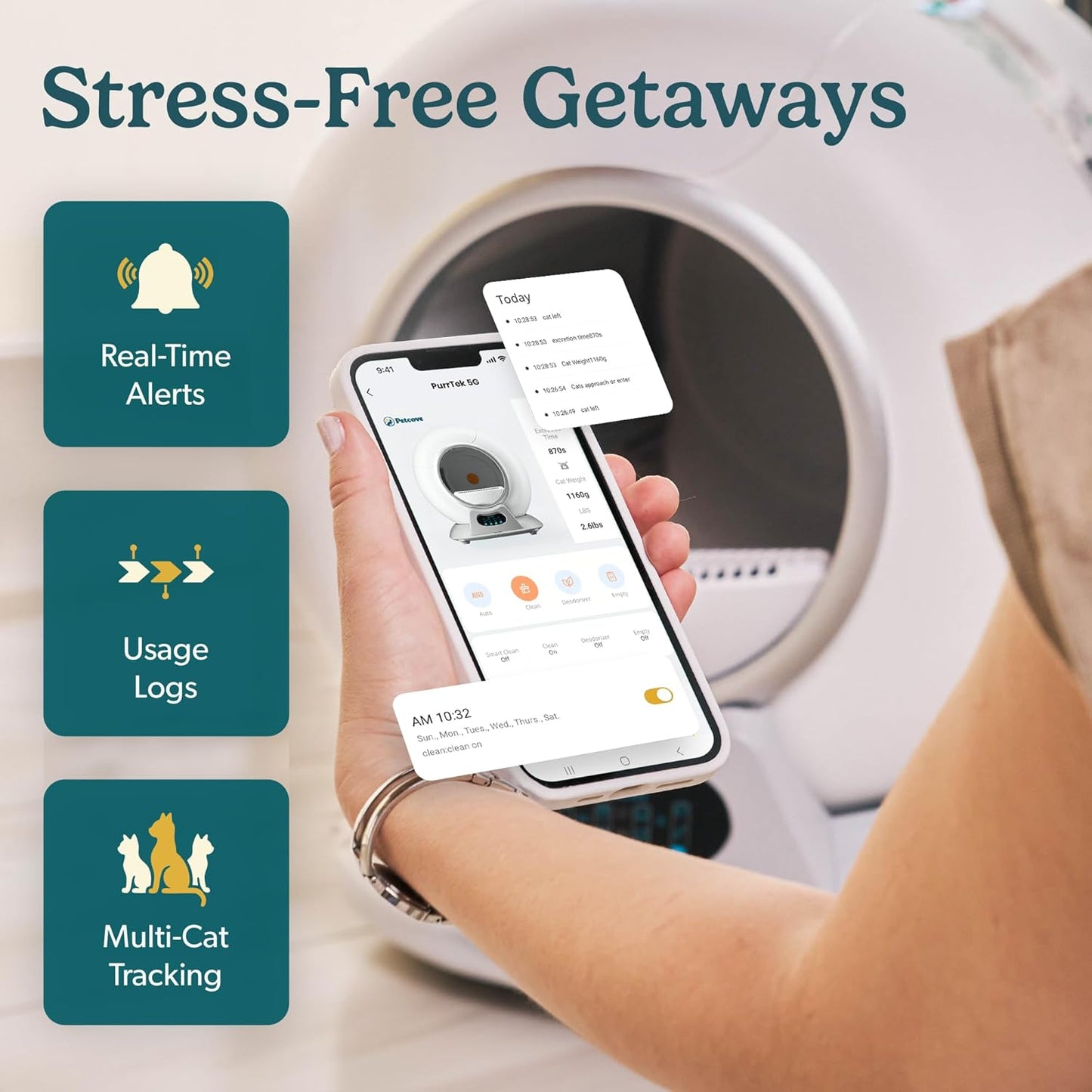 (New Open Box) PetCove Self Cleaning Litter Box - Automatic Cat Litter Box up to 75L, App‑Control Cat Litter Box with Integrated Safety Protection, Advanced Odor Control & Smart Weight Monitoring with Cat Litter Bag