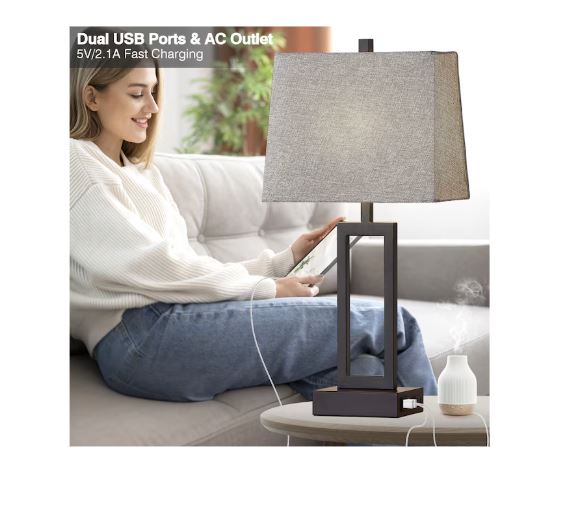 (Brand New)  23-in Black LED Touch Table Lamp Set of 2 | Grey Linen Shade | TD-159