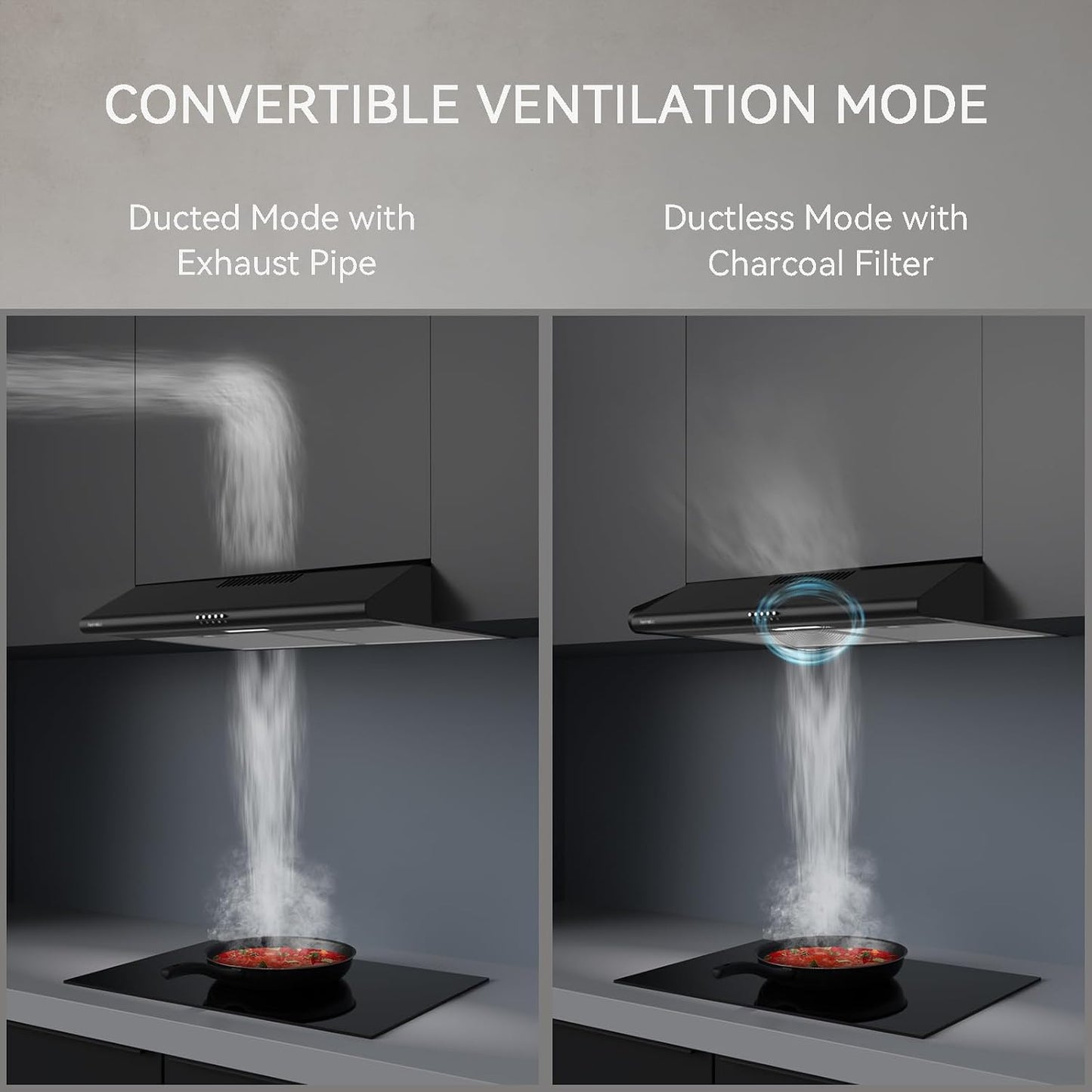 (New Open Box) Hermitlux Under Cabinet Range Hood, 30 inch Black Vent Hood With 3 Speed Exhaust Fan, Ducted And Ductless Convertible, LED Bright Light Bulbs and Charcoal Filter