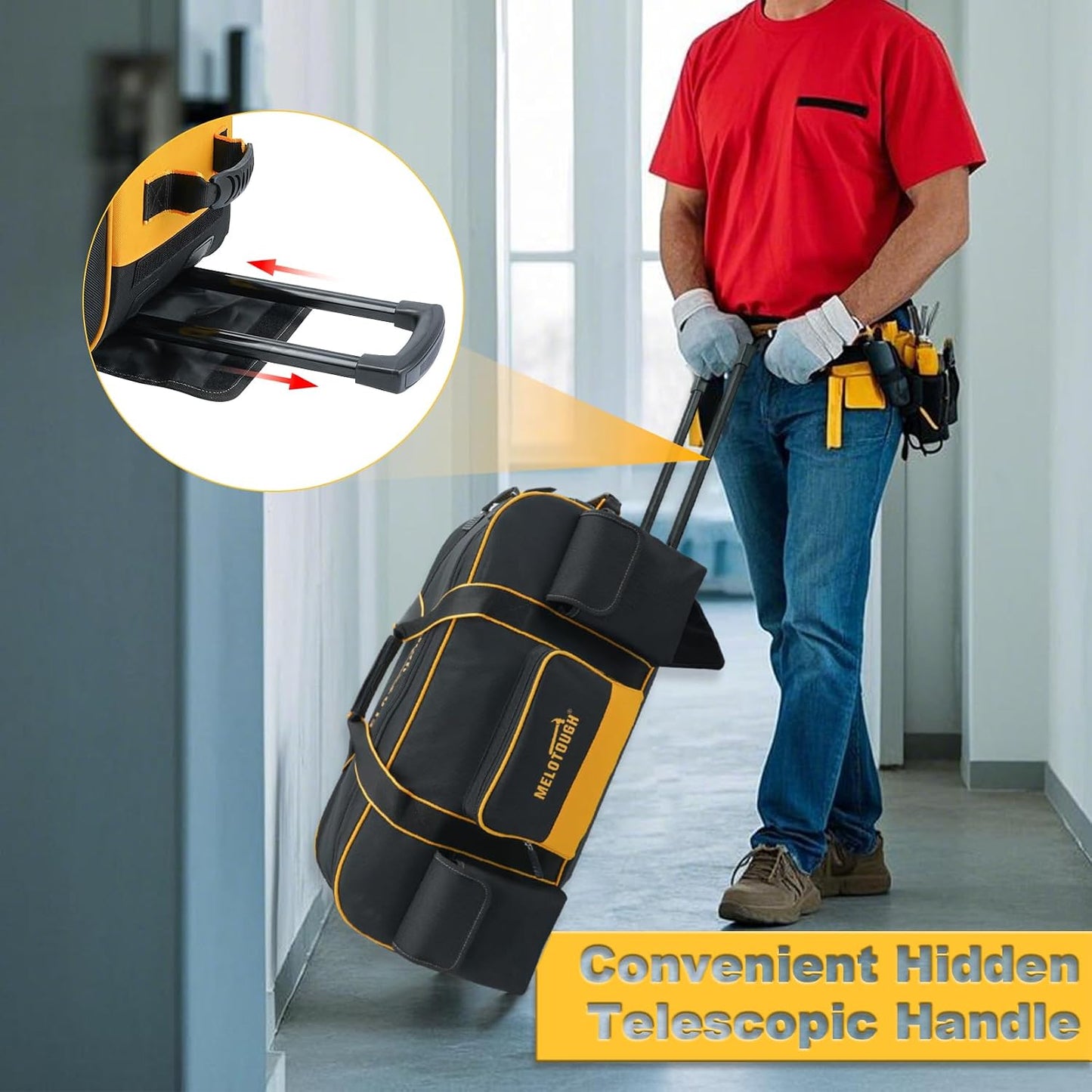 (New Open Box) MELOTOUGH Rolling Tool Bag with Wheels,Large Capacity Tool Bag Organizer with Concealed Telescoping Handle for Electrician,Construction,HVAC,Technician (Yellow/Black)