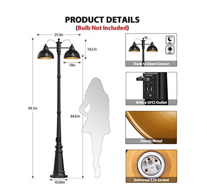 (New Open Box)  APOTO Double-Head Outdoor Lamp Post Light | Dusk to Dawn • GFCI Outlet • Black Aluminum