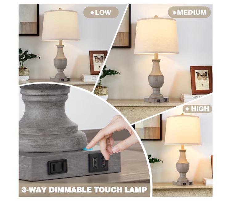 (Brand New) 25-in Grey LED Touch Table Lamp Set of 2 | Linen Shade | TD-201