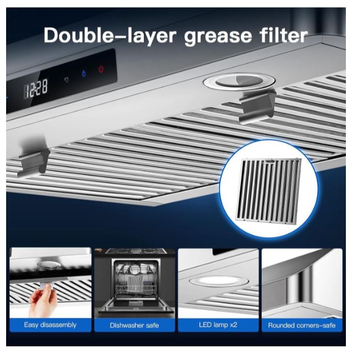 (New Open Box) AMZCHEF 30" Under Cabinet 430 Steel 700CFM Hood with Smart Touch/Remote, 3-Speed, Timer, LED Lighting & Dishwasher Filters