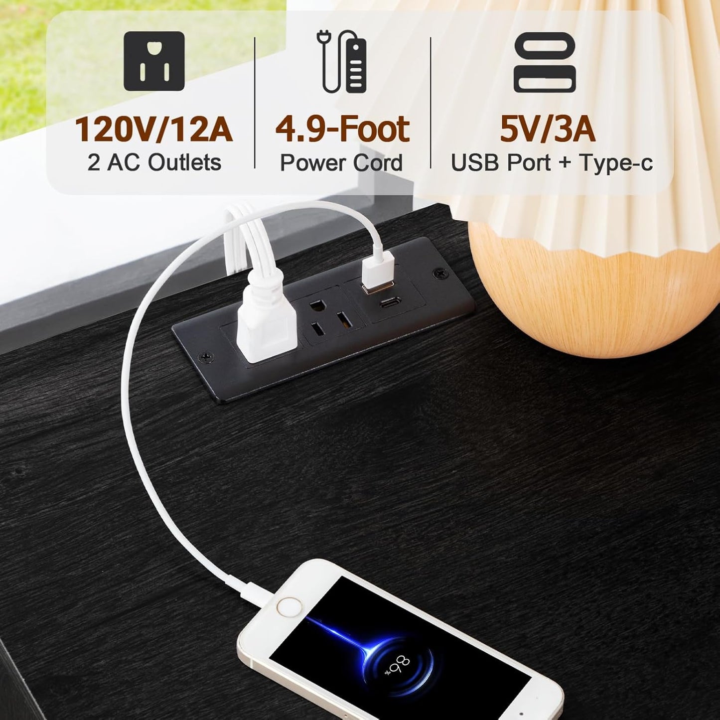 (New Open Box) LOAKEKEL Night Stand Set 2, Tall Nightstand with Charging Station for Bedroom with 4 Drawers, LED End Tables with USB Ports and Outlets, Bedside Table with Storage Shelf, Black, HNS034BK