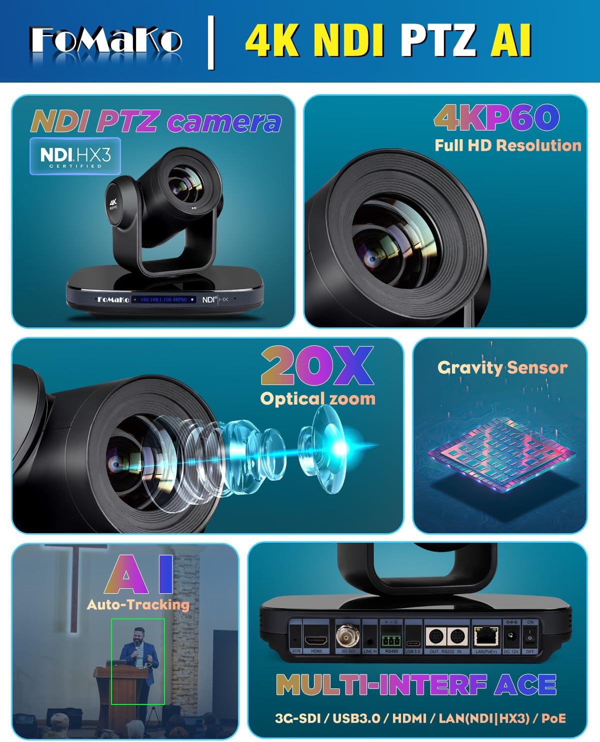 (New Open Box) FoMaKo 60FPS 4K NDI PTZ Camera, 20X Optical Zoom, 4KP60 AI Auto-Tracking, 1/1.8 UHD CMOS 8.42MP USB3.0 3G-SDI HDMI, for Church Worship Education Conference Events (K820N)