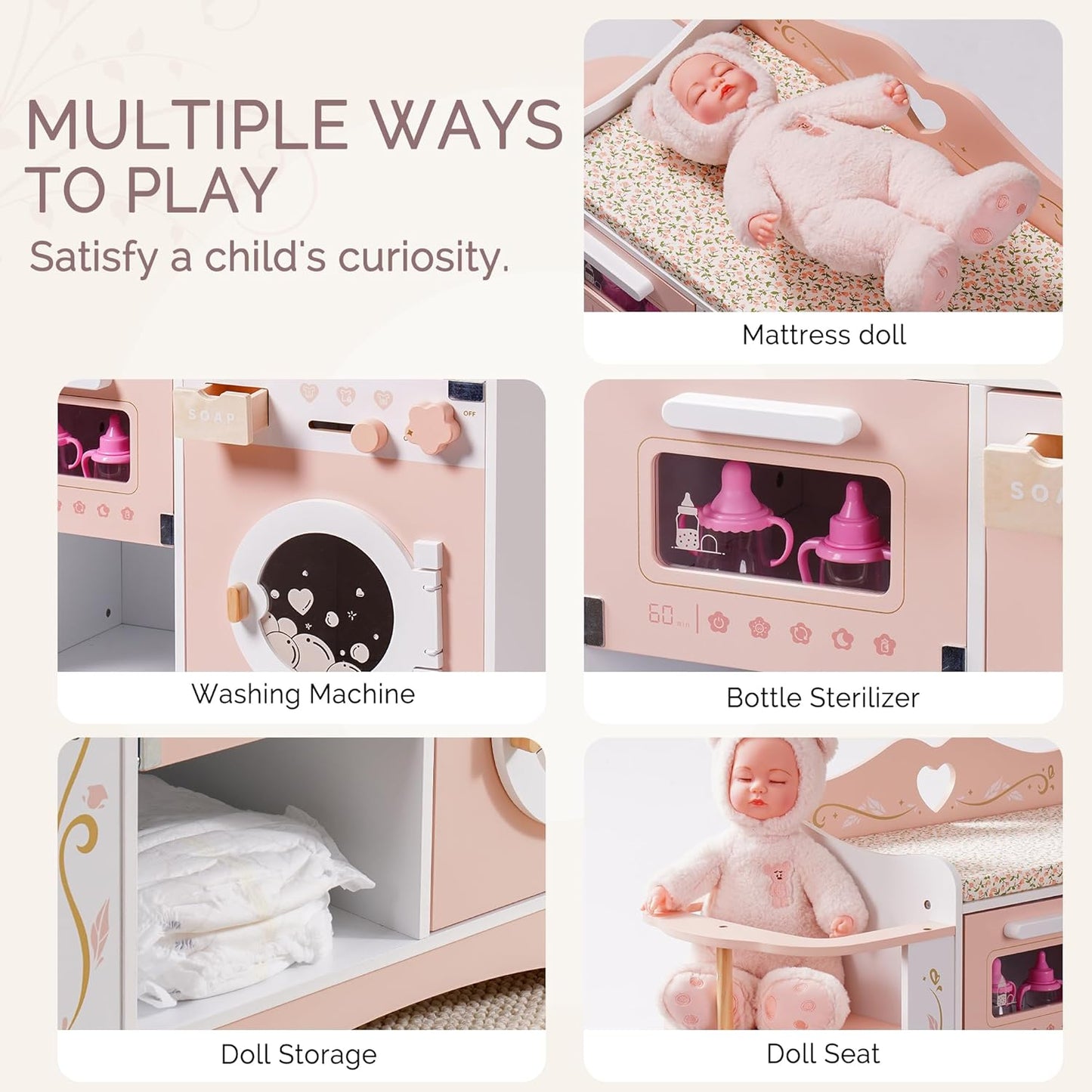 (New Open Box) ROBUD Baby Doll Crib, Pink Baby Doll Beds, Wooden Doll Changing Station