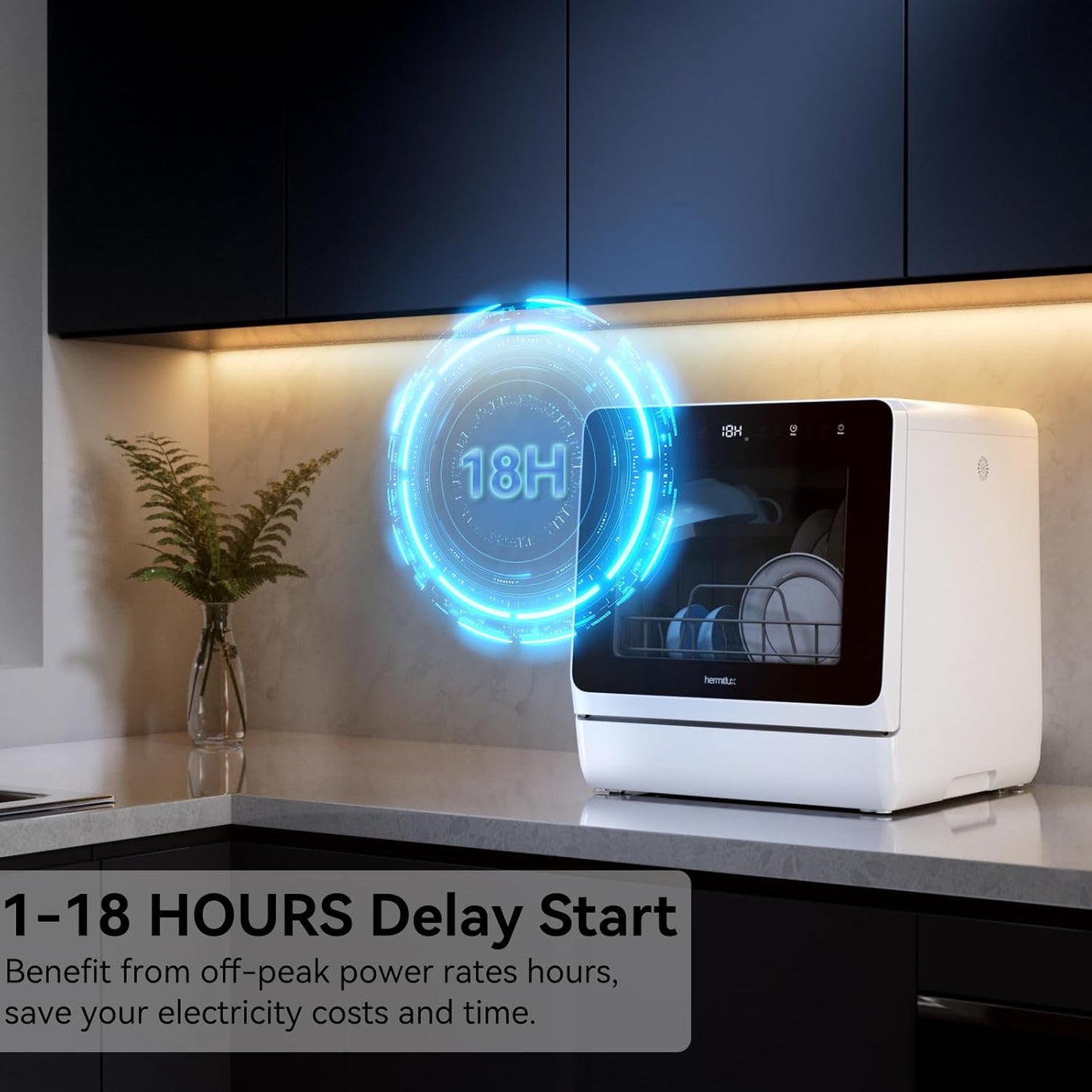 (New Open Box) Hermitlux Countertop Dishwasher, 7 Washing Programs Portable Mini Dishwasher