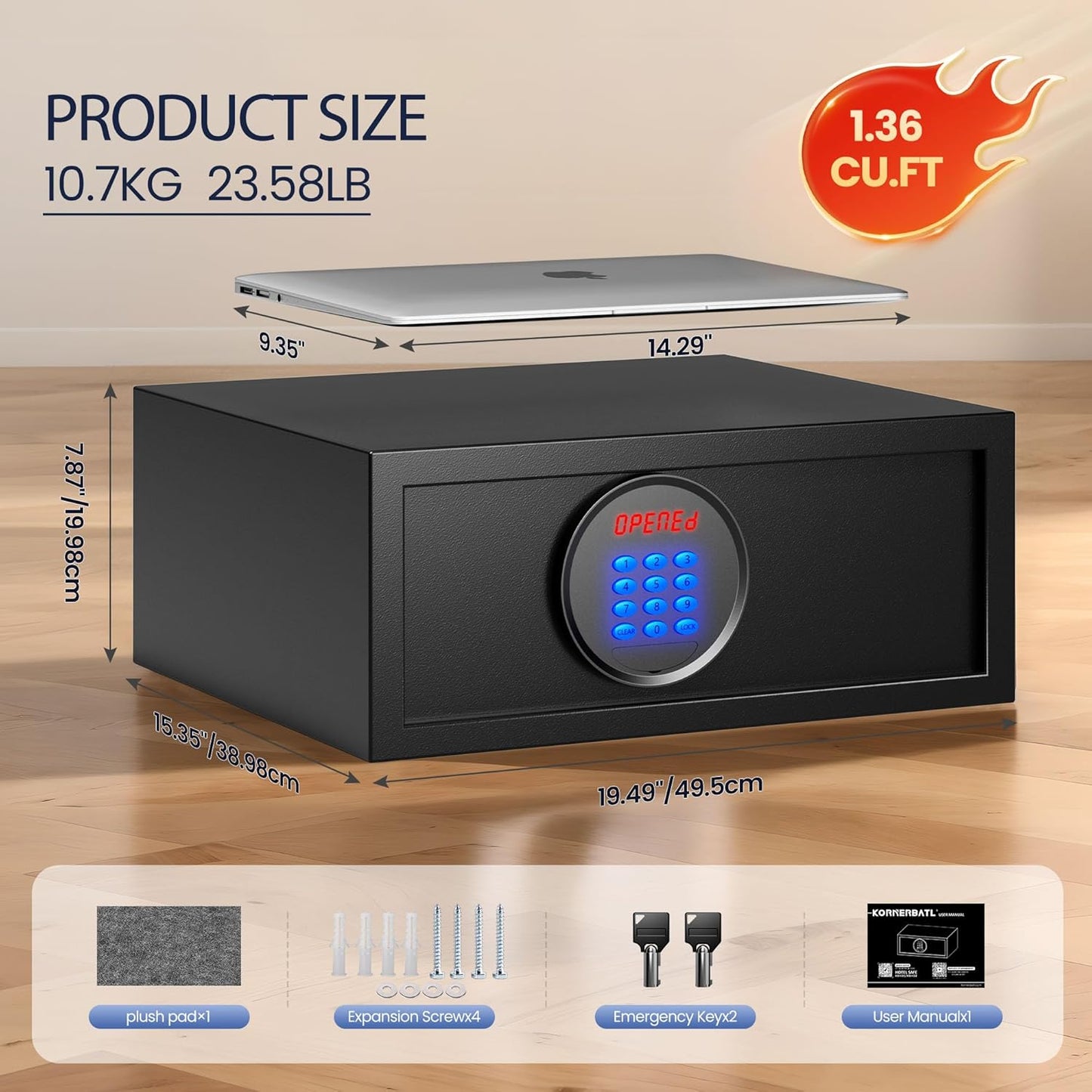 (New Open Box) KornerBatl Hotel Safe Box with Administrator's Password (14.57"D x 16.93"W x 7.09"H - 24.69 lb)