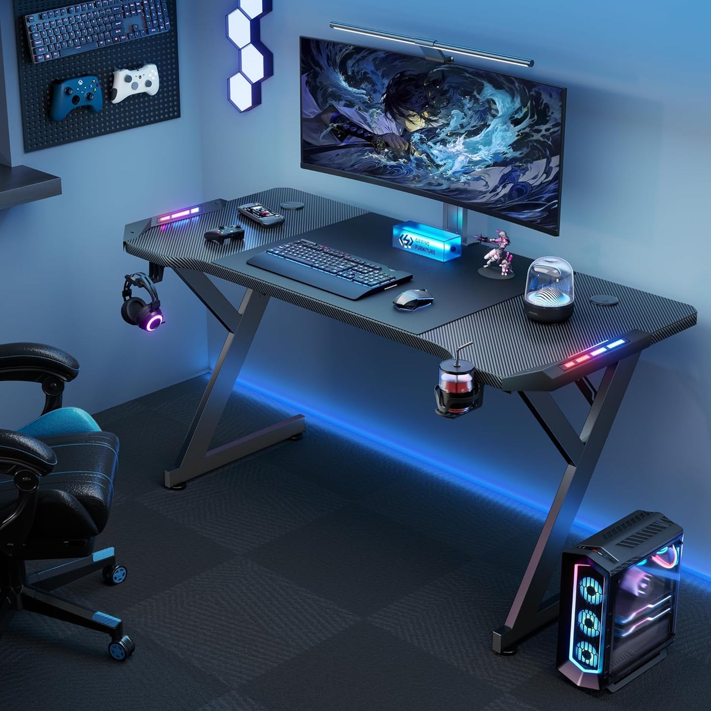 (New Open Box) HLDIRECT 47 Inch Gaming Desk with LED Lights, Home Office Gamer Desk, Ergonomic Computer Desk with Large Carbon Fiber Desktop, Computer Table with Cup Holder & Headphone Hook for Home Office