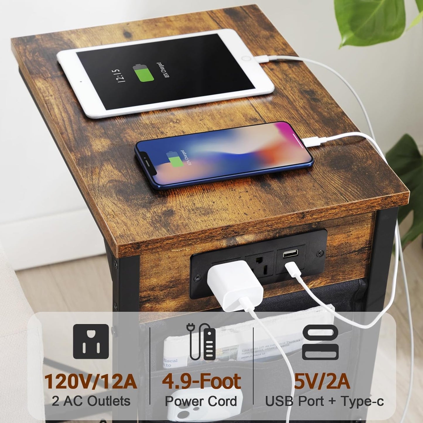 (New Open Box) AMHANCIBLE Couch Table, C Shaped End Table with Charging Station, TV Tray, Side Table with Storage for Couch, Sofa Table for Living Room HET04CBR-1