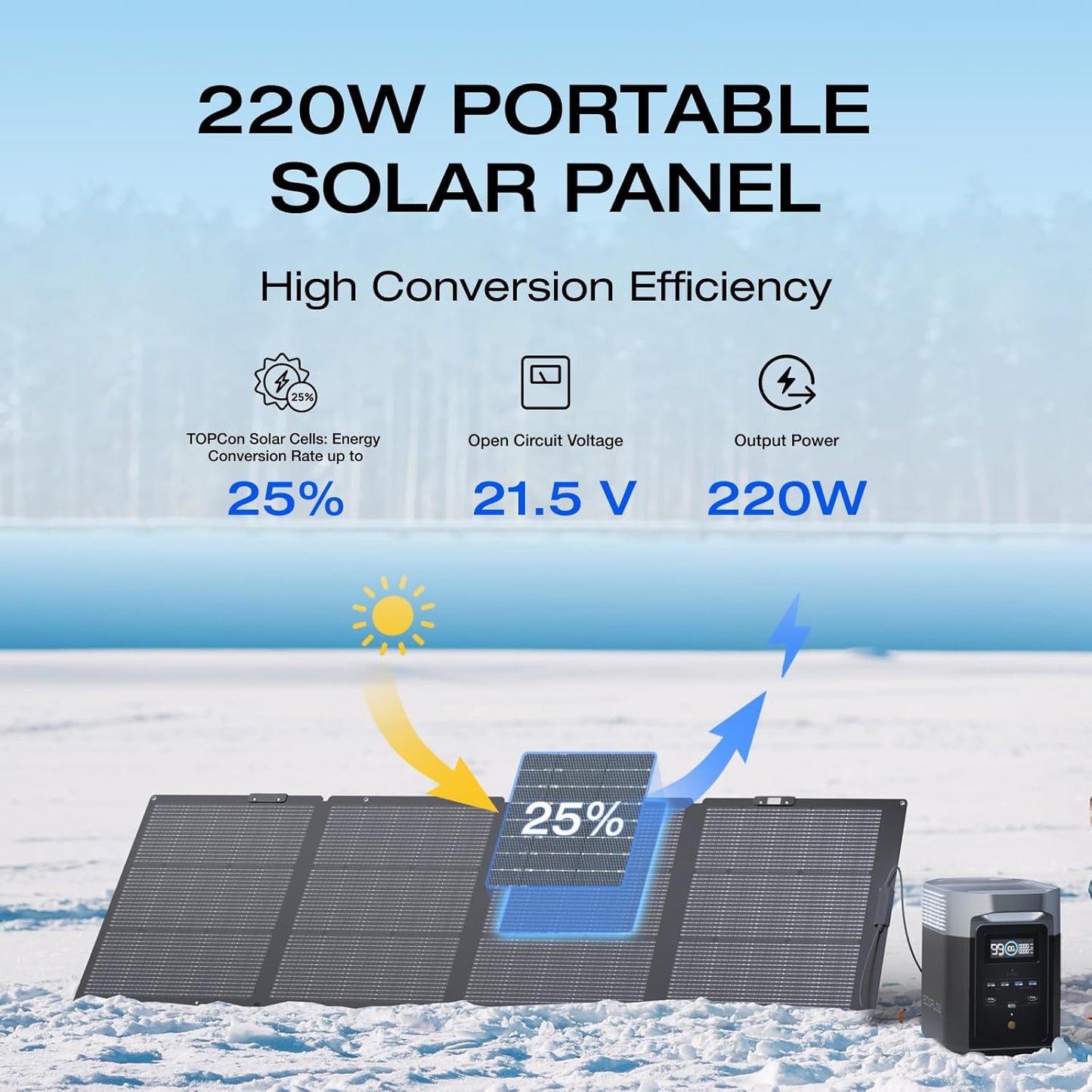 (New Open Box) EF ECOFLOW 220 Watt Foldable Portable Solar Panel, Up to 25% Energy Conversion Efficiency, Adjustable Kickstand, IP68 Waterproof, Durable Solar Panel for Camping, RVing, Home Backup